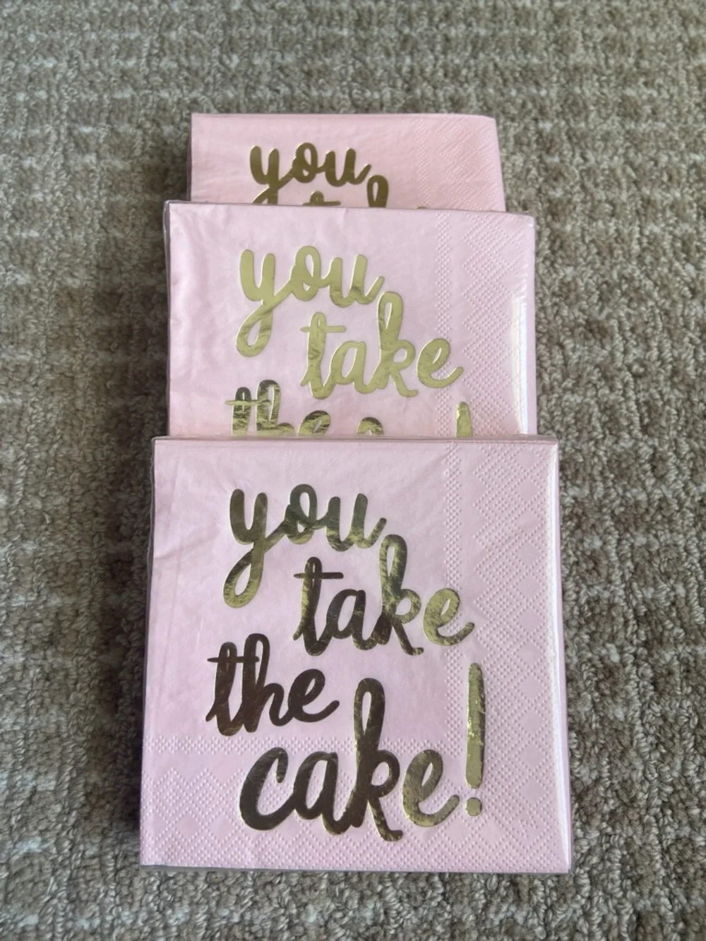 Bundle of 3 Pink 'You Take The‎ Cake' Decorative Party Napkins with Gold Foil